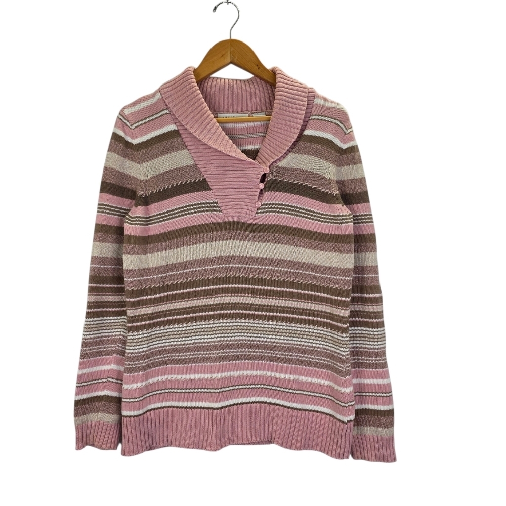 Liz Claiborne Sweater‎ Women's Pink Neutrals Shawl Collar Comfy Striped Size M